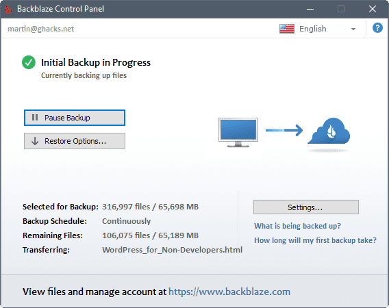 backblaze personal backup interface windows