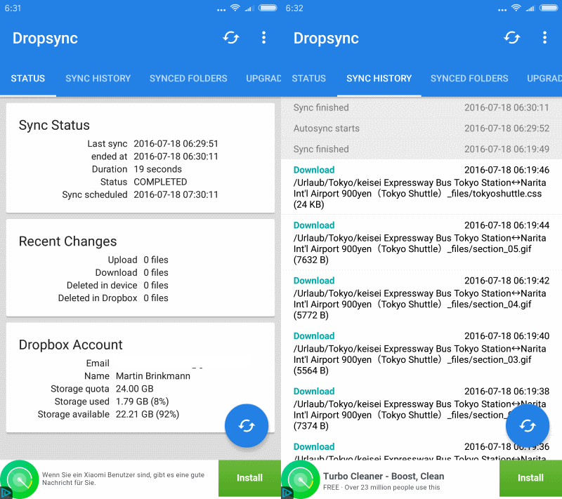 dropbox auto sync files android