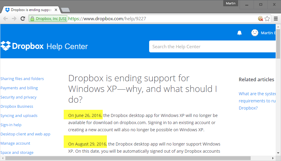 dropbox xp support end