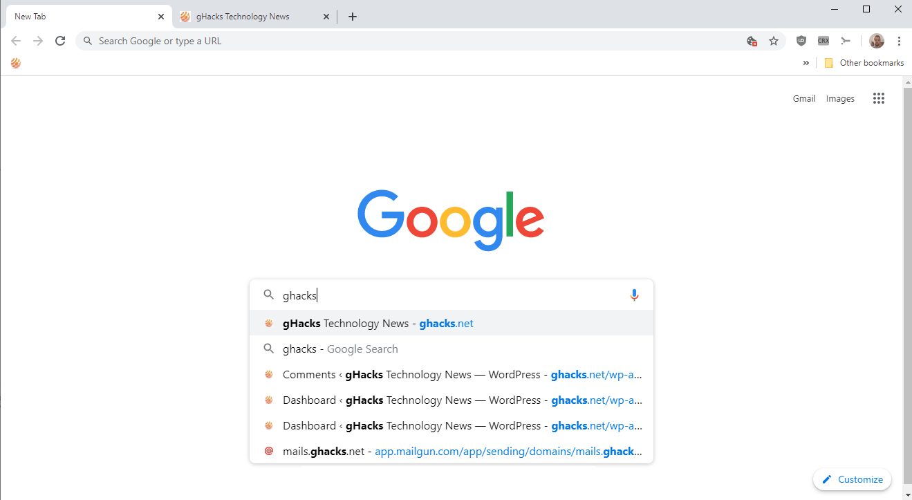 google chrome real search new tab page