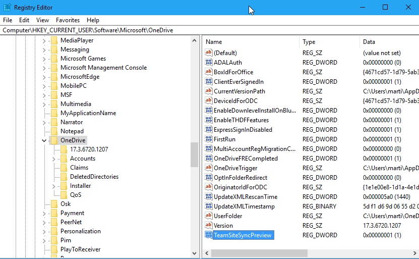 onedrive registry