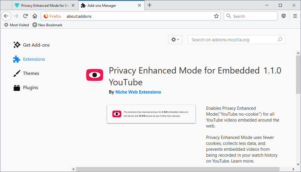 privacy-enhanced mode firefox youtube