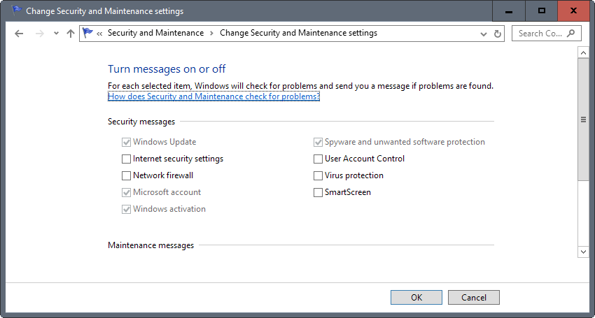 security messages windows 10