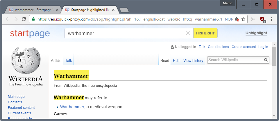 startpage search highlight