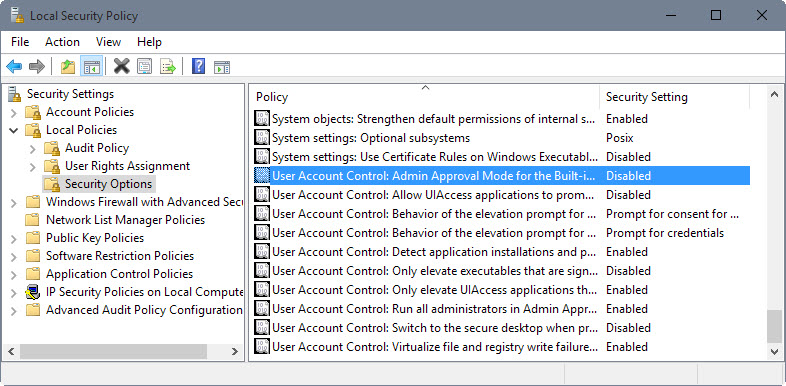 user account control security policy