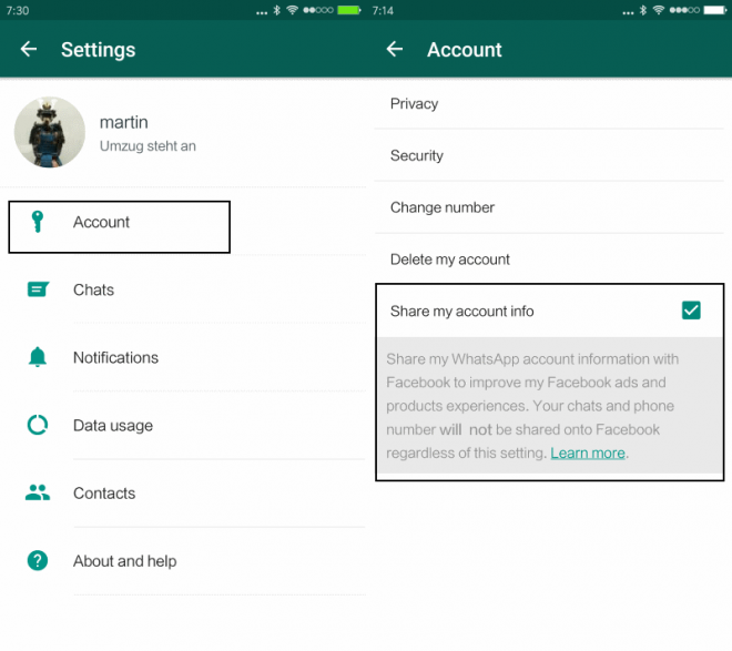 whatsapp disable share account info