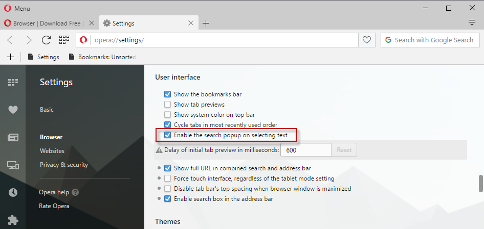 opera disable search popup
