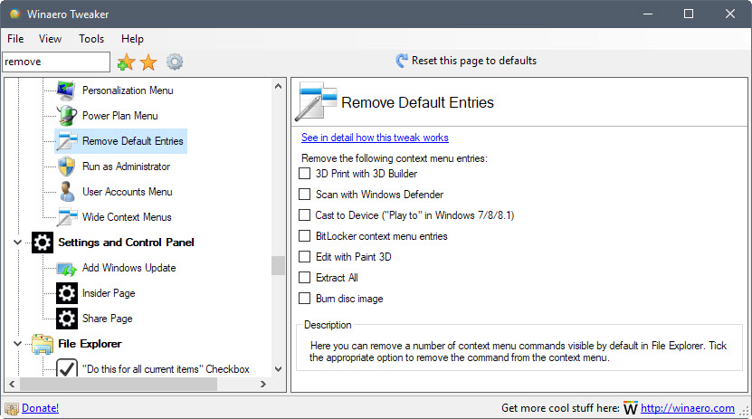 winaero-tweaker remove default entries