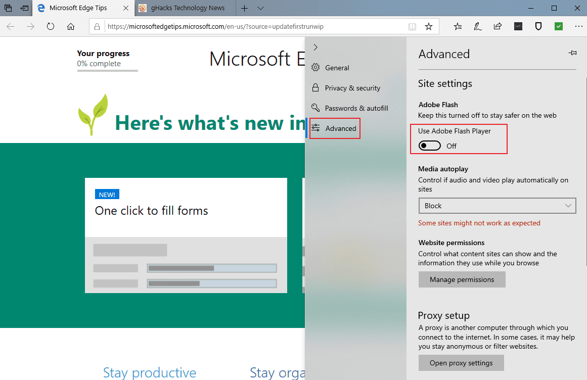 adobe flash edge disable 1809