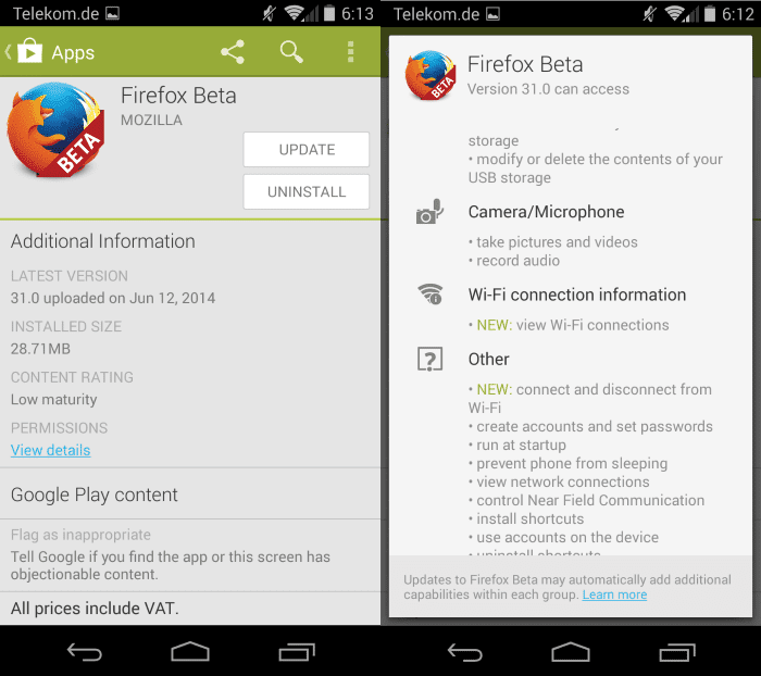 app permissions update
