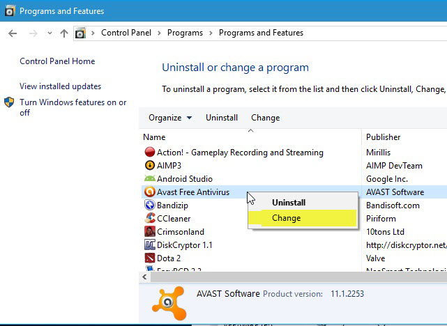 avast change programs