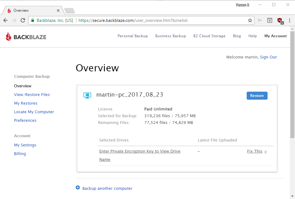 backblaze web interface