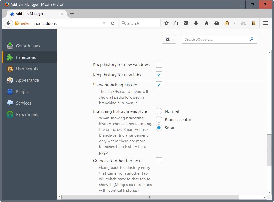 backtrack tab history options