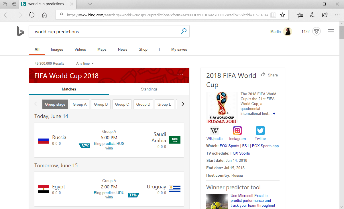 bing world cup 2018 predictions