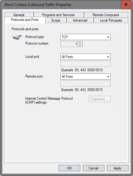 block cortana protocol ports