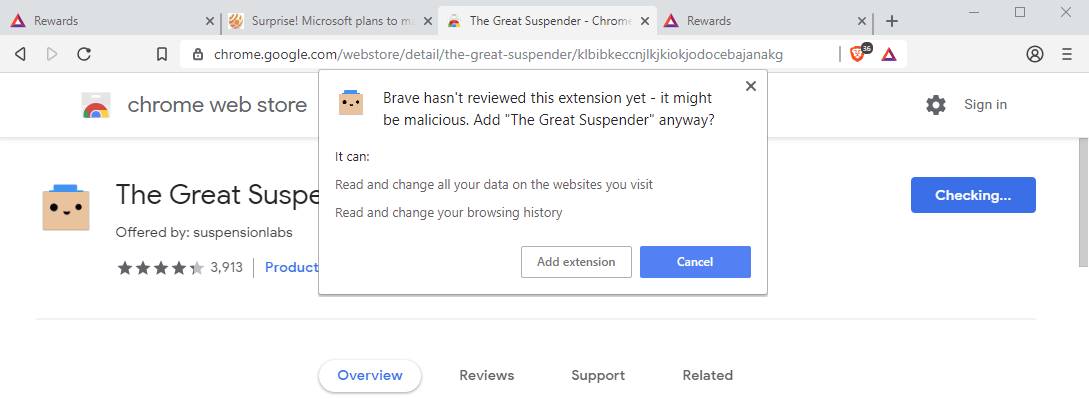brave extensions chrome warning