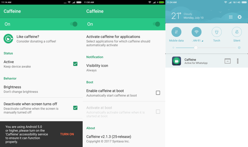 caffeine android prevent sleep