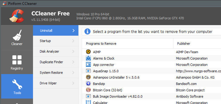 ccleaner uninstall apps