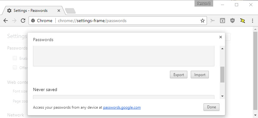 chrome export passwords import