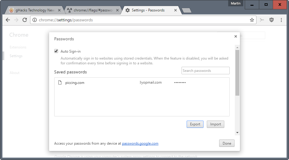 chrome export passwords
