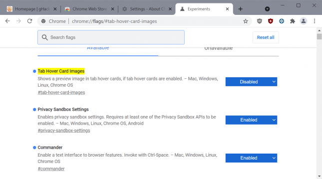 chrome://flags/ tab hover card images