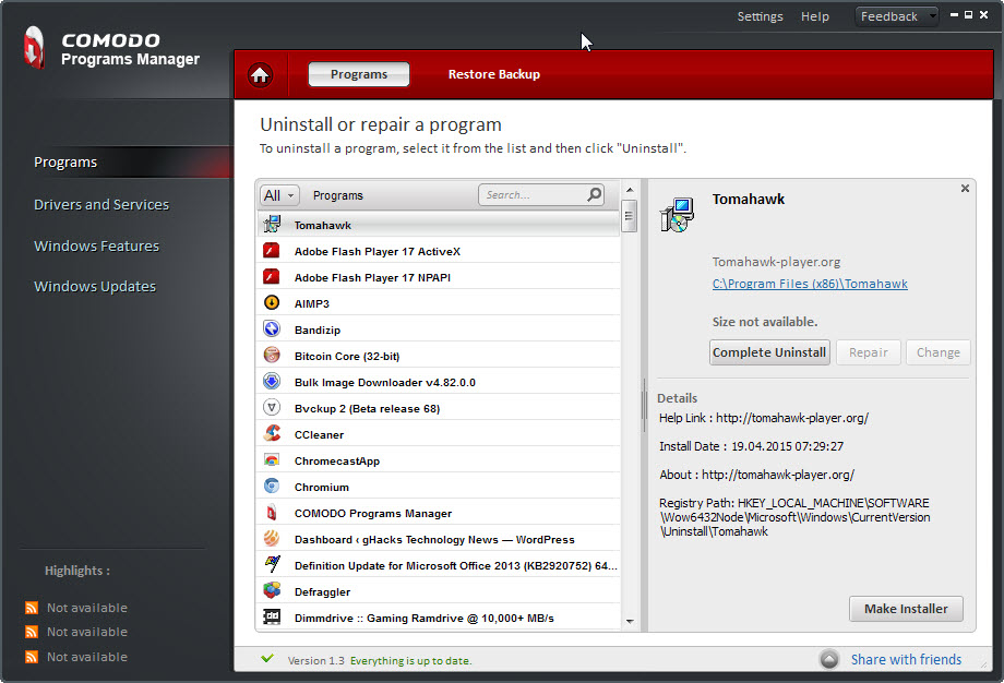 comodo programs manager