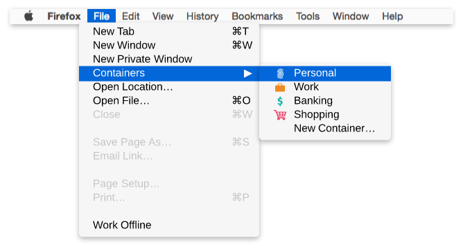 Containers file menu