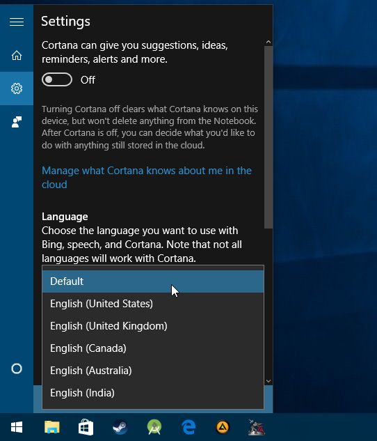 cortana change language