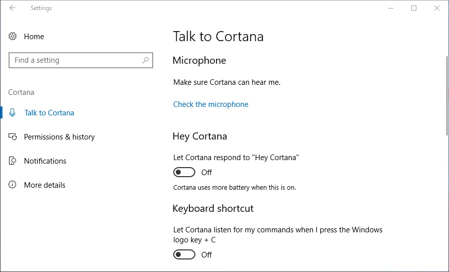 cortana settings