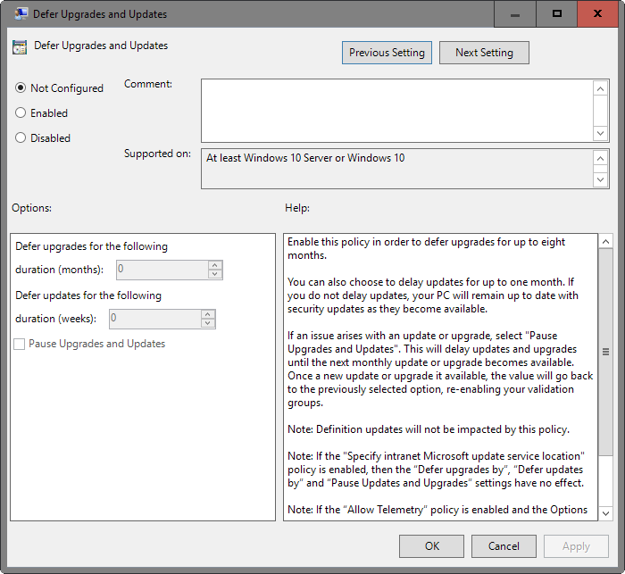 defer upgrades updates windows 10
