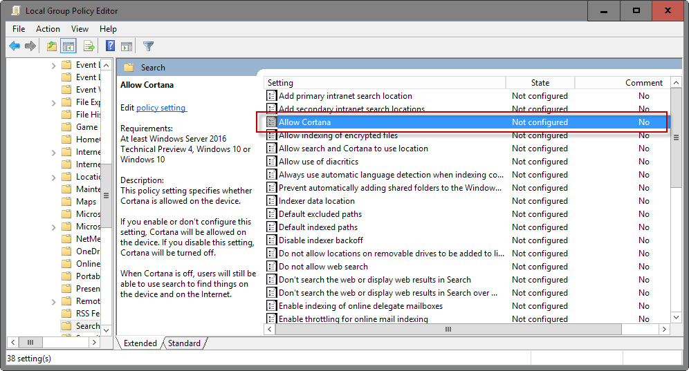 disable cortana