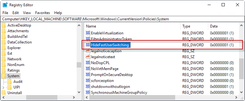 disable fast user switching registry
