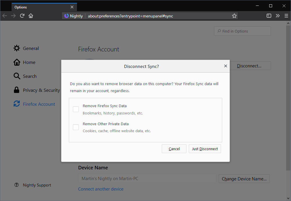 disconnect firefox sync