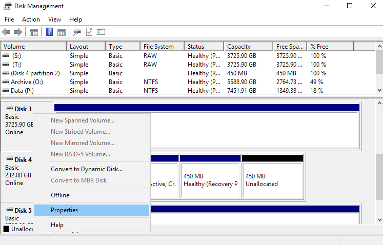 disk management properties
