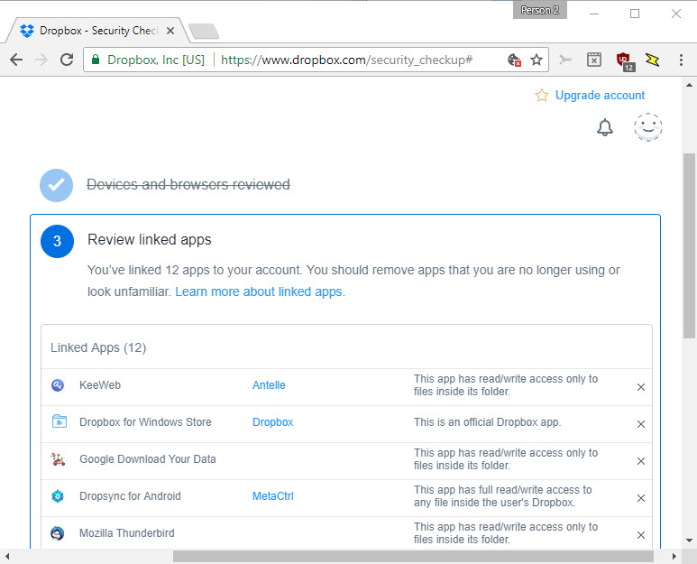 dropbox security linked apps