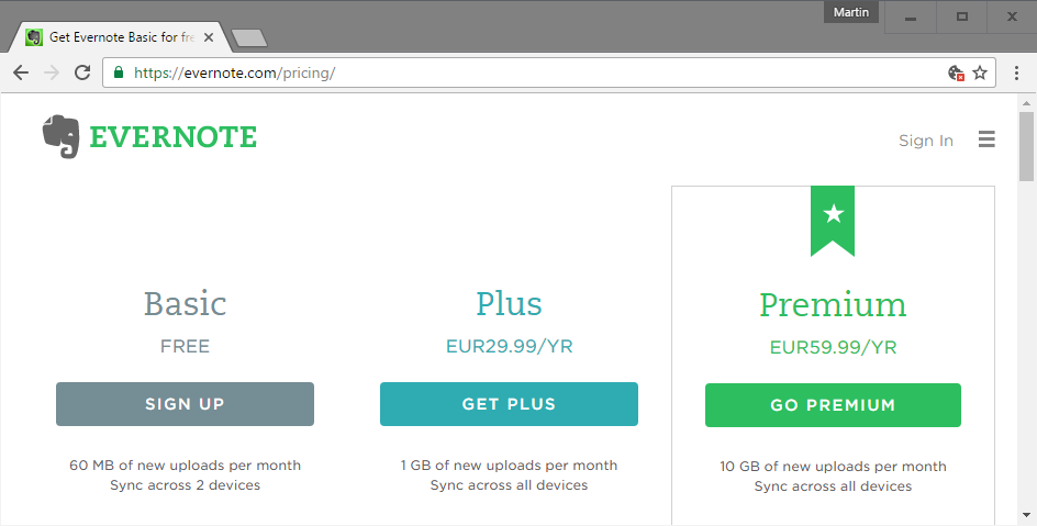 evernote new pricing
