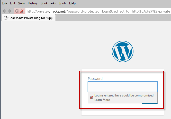 firefox 52.0 warning insecure login