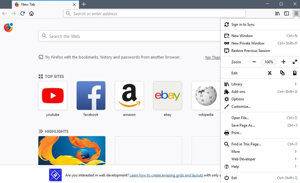 firefox 57 menu