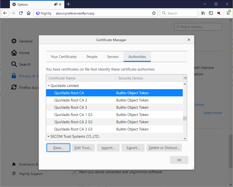 firefox root-certificates dark matter remove