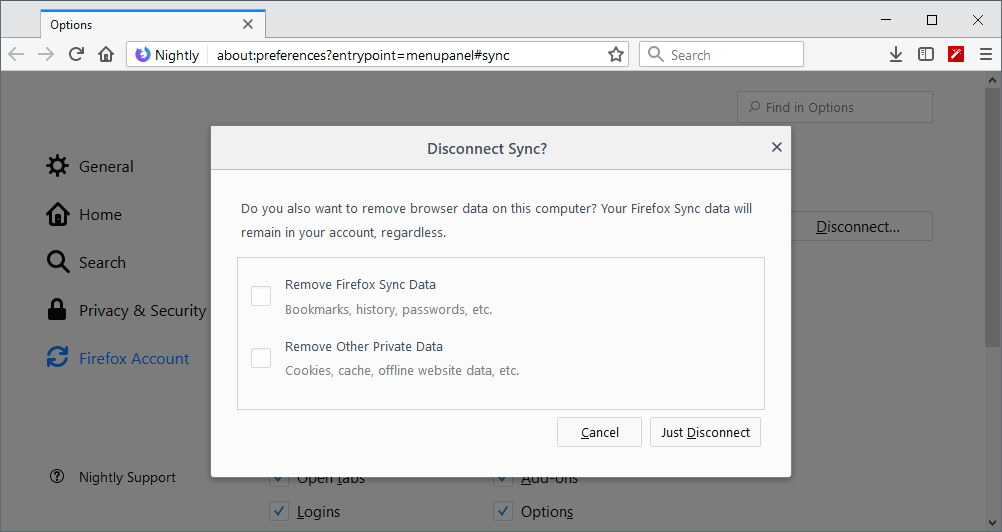 firefox sync disconnect