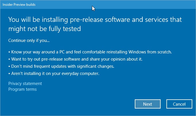 insider preview builds warning