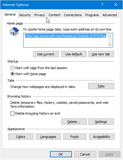 internet options