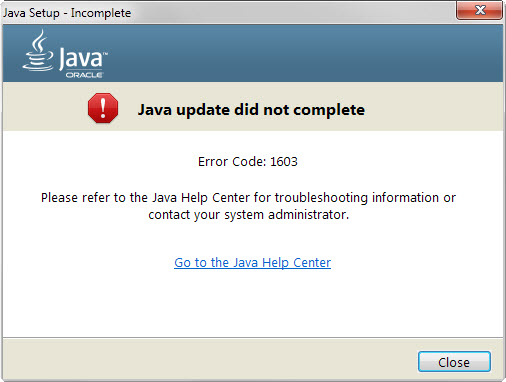java update did not complete error code 1603