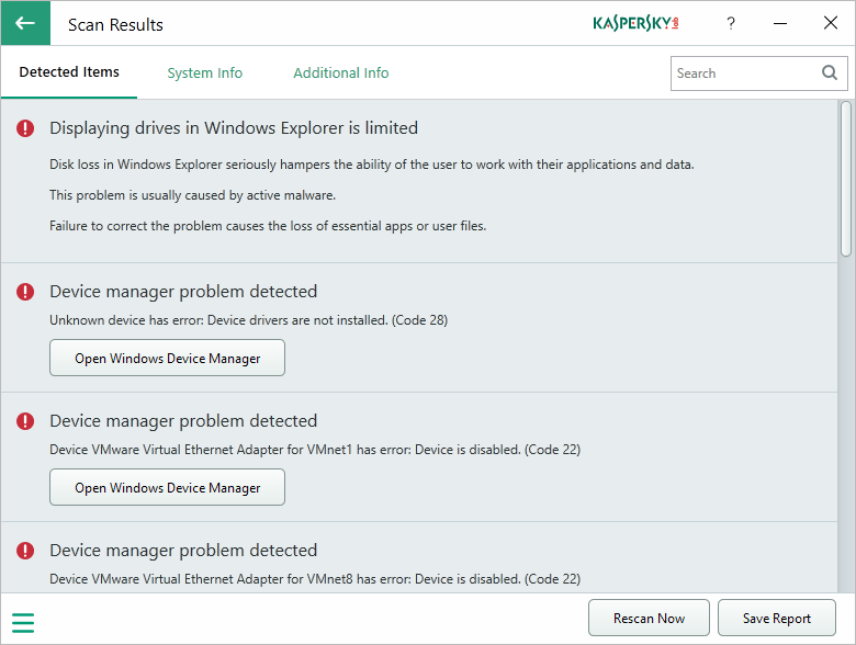 kaspersky system checker scan results