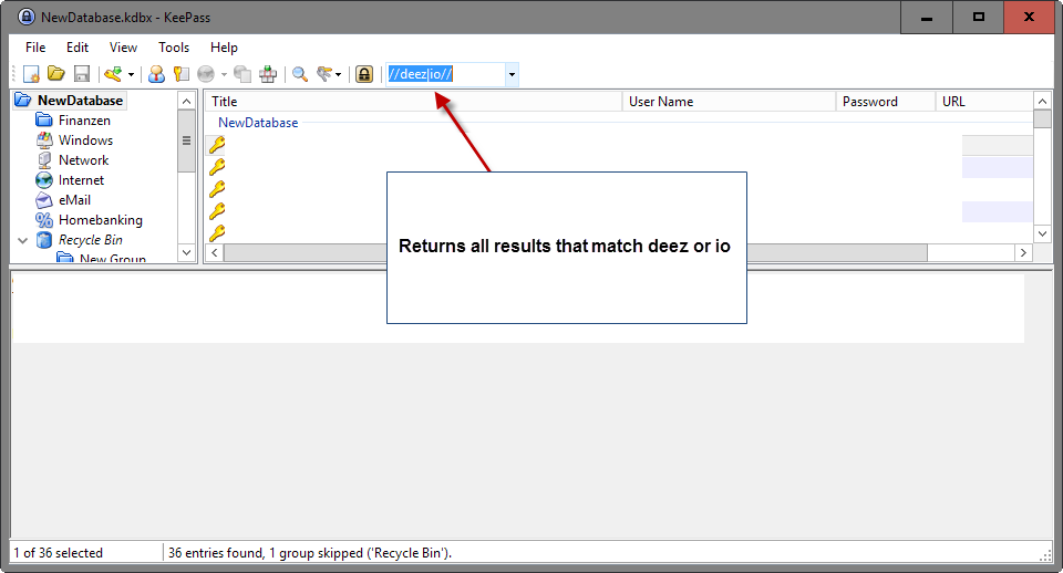 keepass regular expression search