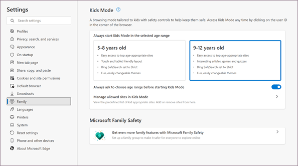 kids mode settings edge