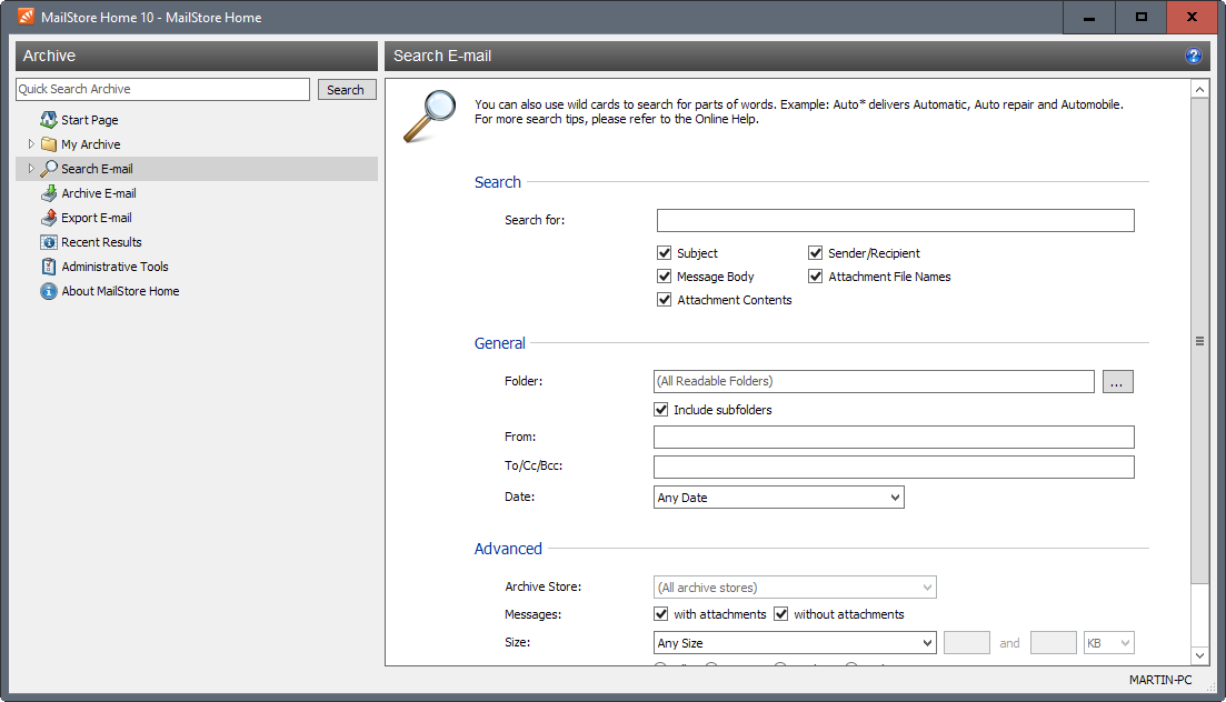 mailstore home 10.1 search