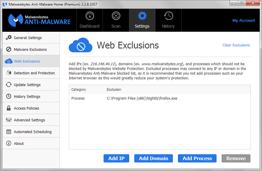 malwarebytes exclusions
