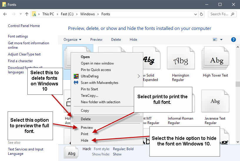 manage fonts windows 10