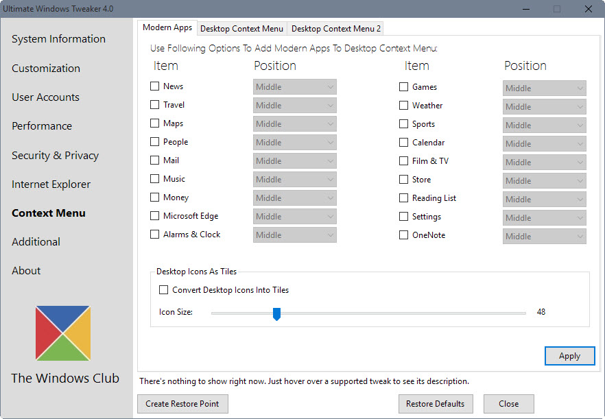 modern apps context menu